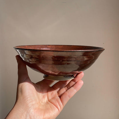 Hand holding a red ceramic bowl against a plain background