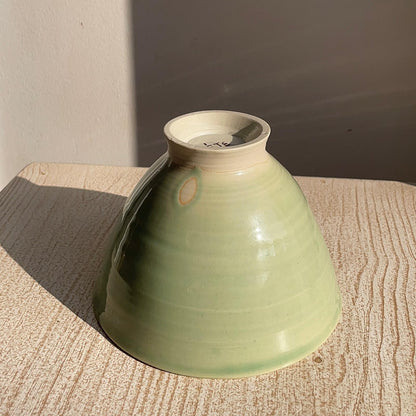 Green ceramic bowl on a wooden surface with a neutral background