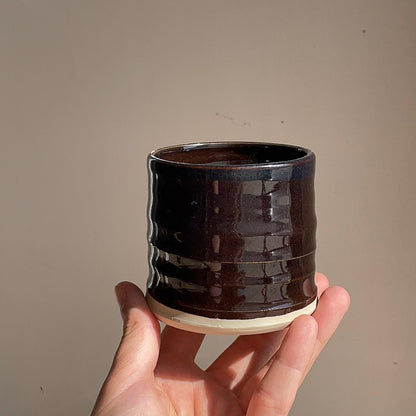 Hand holding a dark brown ceramic cup against a plain background